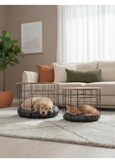 2'li Kedi Yuvalı Sepet Sehpa Metal Gövde Ahşap Tabla Minderli Orta Sehpa Çam