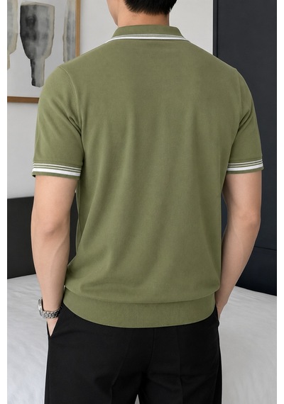 Tarz Cool Erkek Fermuar Yaka Triko Polo Tişört Slim Fit Pamuklu Yazlık Triko Yeşil