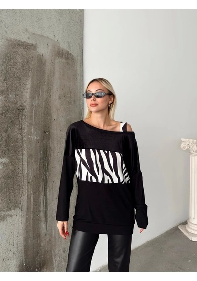 Saklımoda Kadın Kadife Kumaş Zebra Desenli Omuz Detay Uzun Kollu Bluz Zebra