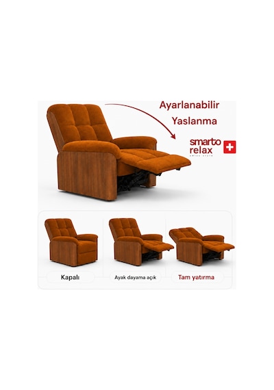 Smarto Relax Porto Tv Koltuğu Elektrikli Masajlı Isıtmalı Döner Sallanan Ahşap Yan Panelli Polyester Kumaş Baba Koltuğu Turuncu