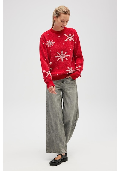 Peraluna Snowflake Kartanesi Desenli Unisex Yılbaşı Kazağı - Kırmızı Kırmızı