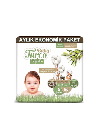 Baby Turco Doğadan Bebek Bezi 5 Numara Junior Aylık Ekonomik Paket 160 Adet
