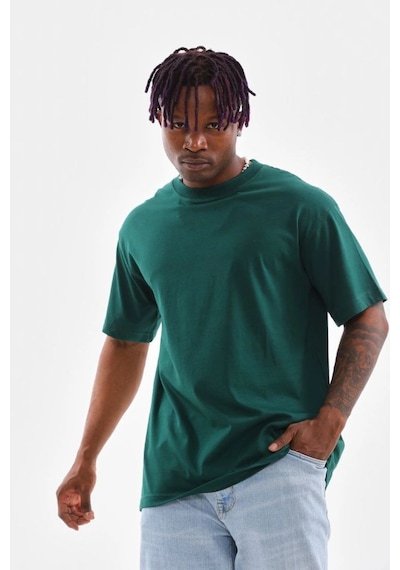 Erkek Düz Yazlık Kısa Kol Tişort Bisiklet Yaka Oversize T-shirt - Koyu Yeşil