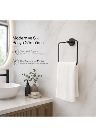 Lotus Siyah Kare Havluluk, Yapışkanlı Ve Vidalı Montajlı Banyo Havlu Askısı, Mat Siyah Statik B Diğer