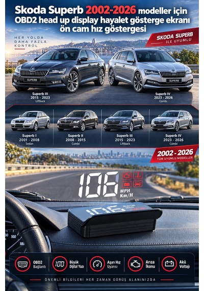 Skoda Superb 2002-2026 Modeller İçin Obd2 Head Up Display Hayalet Gösterge Ekranı Ön Cam Hız Göstergesi