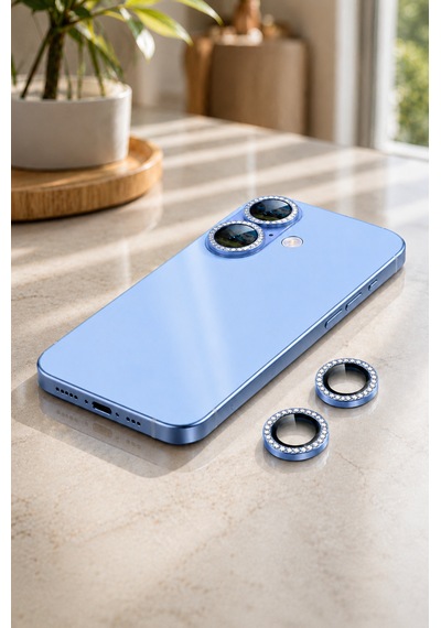 Apple iPhone 17 Uyumlu Taşlı Kamera Lens Koruyucu Sis Mavisi