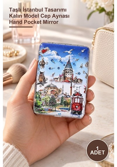 1 Adet El Aynası Taşlı İstanbul Tasarımı Kalın Model Cep Aynası Hand Pocket Mirror Sarı