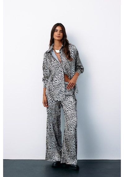 Sateen Yüksek Bel Saten Leopar Pantolon - Ekru-135186 Ekru