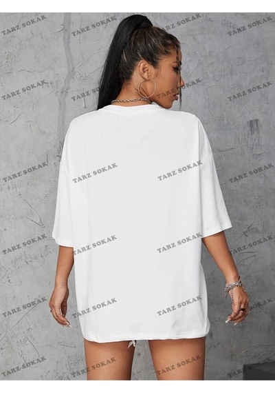 Startmore Unisex Bay Kelebek Ve Harf Grafikli Oversize Tişört Kod-1358 Beyaz