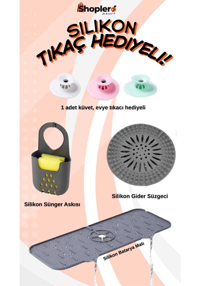 Üçlü Antrasit Silikon Mutfak Seti, Lavabo Matı, Süzgeç, Sünger Askılık Antrasit - Gri