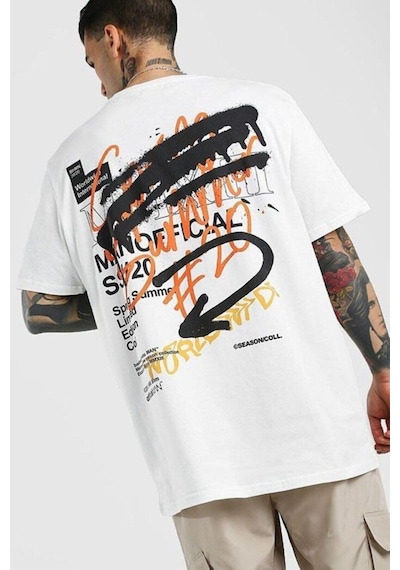 Flood Of Style Beyaz Erkek Grafiti Baskılı Oversize T-shirt