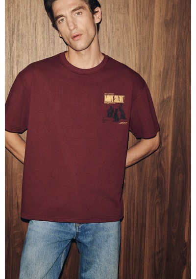 Grimelange Dukı Erkek Bisiklet Yaka Organik Pamuklu Baskılı Oversıze Bordo T-shirt