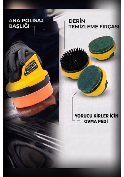 2000 Mah. 10 cm Parlatma Yüzeyi, Sünger - Fırça - Zımpara Seti Sarı Mini Şarjlı Polisaj Makinesi -