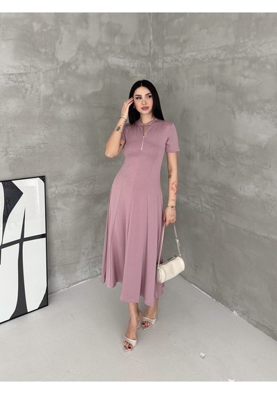 Elaxi Kadın Fermuar Detaylı Maxi Uzun Modal Elbise Pembe
