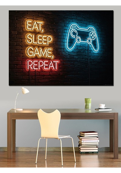Ahşap Tablo Eat Sleep Game Repeat Neon Yazı