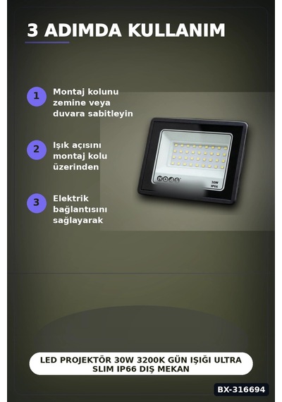Led Projektör 30w 3200k Gün Işığı Ultra Slim Ip66 Dış Mekan Aydınlatma Bx-316694
