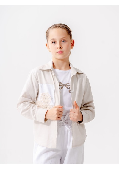 Giyicem Kız Çocuk Cep Garnili Gömlek T-shirt İkili Takım 1808 Ekru