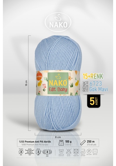 Elit Baby - 6723 Gök Mavi - 5'li Paket - 100gr/250m - Bebek İpi - Anti Pilling Tüylenmez İp