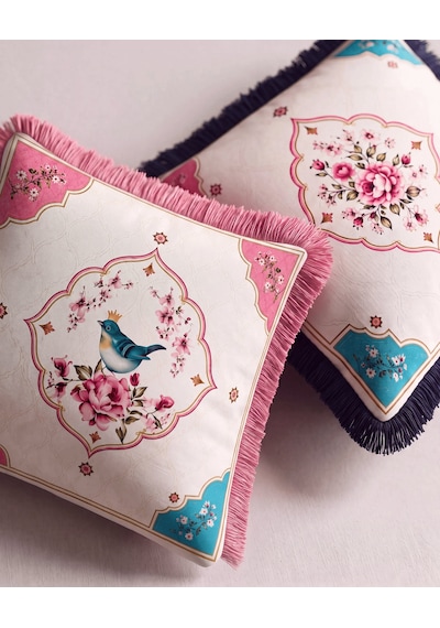Kuş Ve Çiçek Desenli Runner + 4 Lü Kırlent Kılıfı Kombin Set 45 x 45