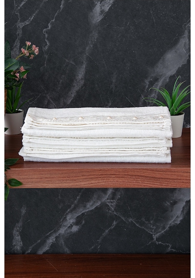 % 100 Pamuklu Kadife Güpürlü İnci Işlemeli 6 Lı Çeyizlik El Yüz Havlu Seti - 30x50 Cm - 04466 - Beyaz Beyaz