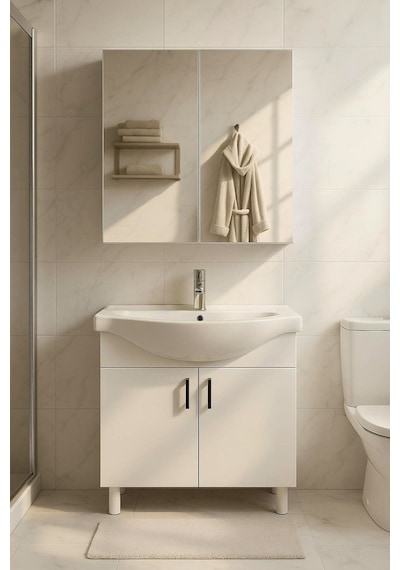 Makbulce 65 Cm Beyaz Mdf Seramik Lavabolu Ayaklı Aynalı Banyo Dolabı Beyaz