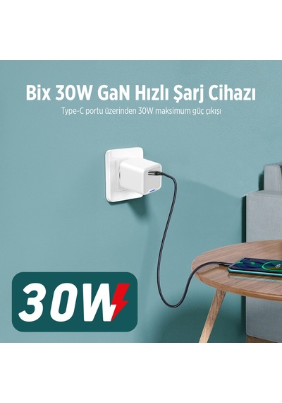 Bix BX1P30G GaN 30W Led Göstergeli Hızlı Şarj Cihazı Beyaz