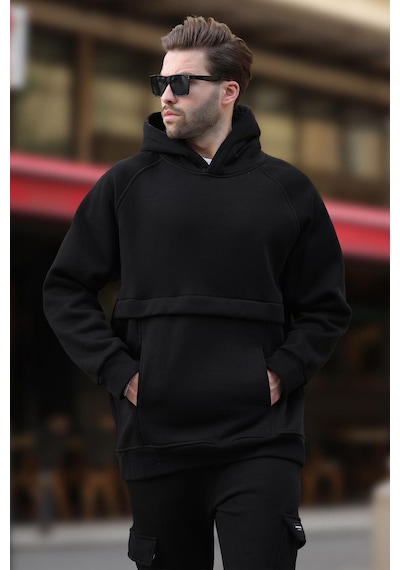 Madmext Siyah Kapüşonlu Cep Detaylı Erkek Sweatshirt 7092 Siyah