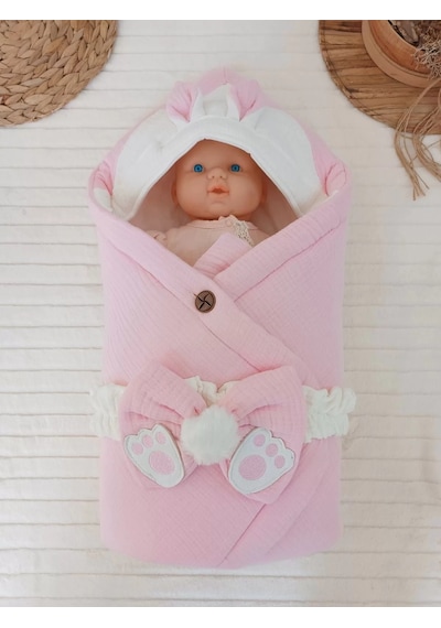 Yenidoğan 4 Kat Müslin Kumaş Kulaklı Patili Fiyonk Bebek Battaniyesi Kundak Pembe Çok Renkli