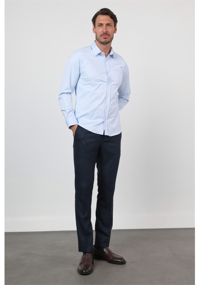 İmza Mavi Sert Yaka Uzun Kol Cepsiz Slim Fit Pamuklu Gömlek 1004260213