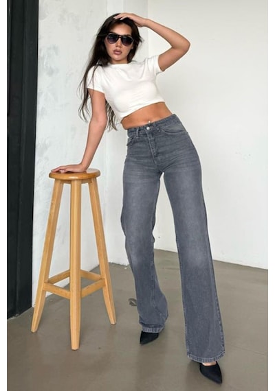 Madmext Gri Yüksek Bel Kadın Wide Leg Pantolon Mg2388 Gri