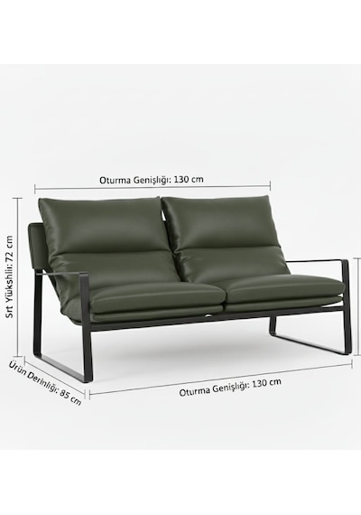 Sller Modern İkili Koltuk - Loft Tasarım Haki Deri/kumaş Bahçe Ve Balkon Kanepesi - Metal İskeletli 130 Cm Haki