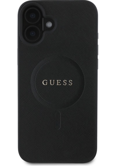Apple iPhone 16 Uyumlu Kılıf Guess Lisanslı Magsafe Şarj Özellikli Yazı Logolu Saffiano Classic Siyah