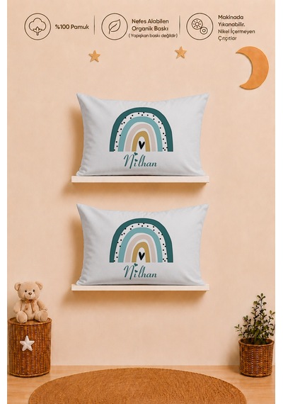 İsme Özel Erkek Bebek Hediyesi 2 Adet 35x45 %100 Pamuk Yastık Kılıfı Ve Ham Bez Bebek Kıyafet Kesesi 1095y2kyx