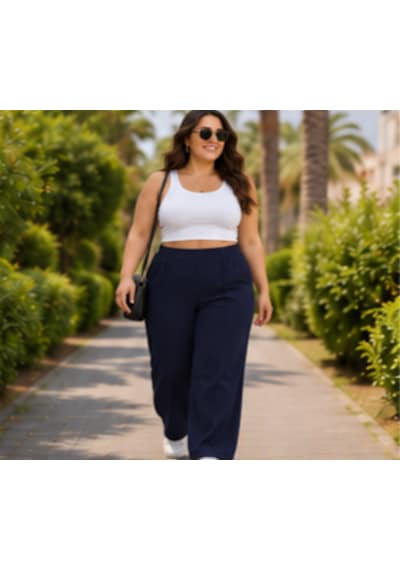 Cocosushicooo Büyük Beden Kadın Lacivert Bol Paça Pantolon Rahat Kesim Lastikli Bel Cepli