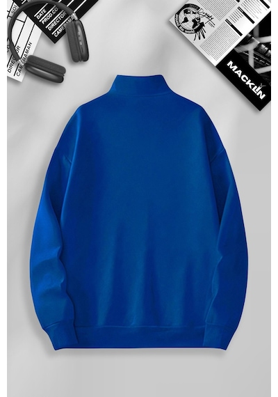 Macklin Unisex Kadın Erkek Baskısız Yarım Fermuarlı Dik Yaka Basic Sweatshirt Mavi Mck0602 Mavi