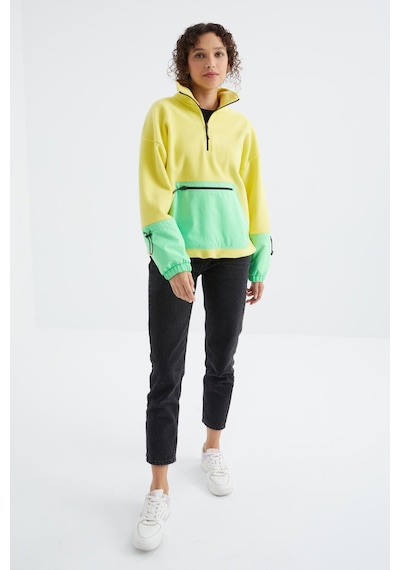 Tommy Life Limon Etek Ucu Büzgülü Yarım Fermuarlı Oversize Kadın Polar Sweatshirt - 97238 Limon Sarısı
