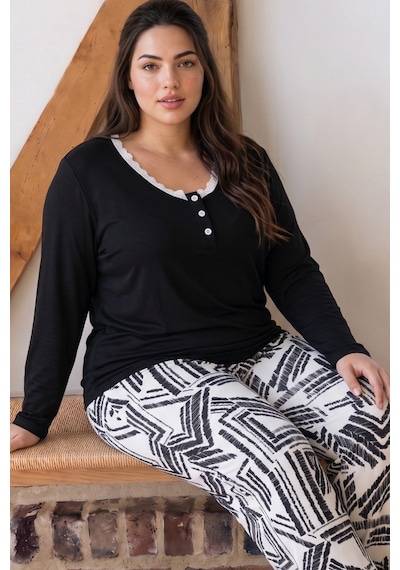 Siyah İnci Siyah Desenli Düğmeli Büyük Beden Battal Boy Viskon Örme Pijama Takım 26224857