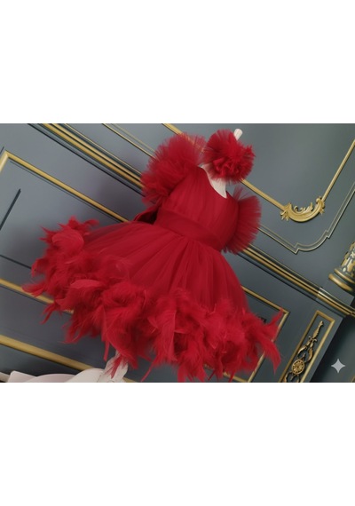 Star Kids Fashion Kız Çocuk Kırmızı Tüylü Elbise,kız Çocuk Mezuniyet Elbisesi,toka Dahil