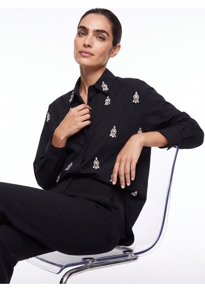 Fabrika Siyah Kadın Oversize Taşlı Gömlek F5wl-gml0101