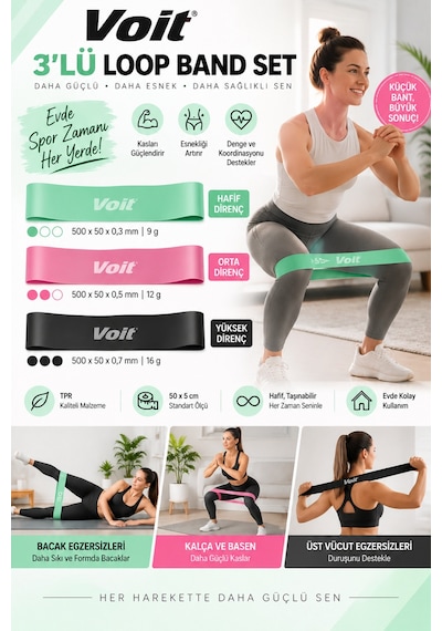 3’lü Loop Direnç Bandı Seti Pilates ve Fitness Egzersiz Lastiği
