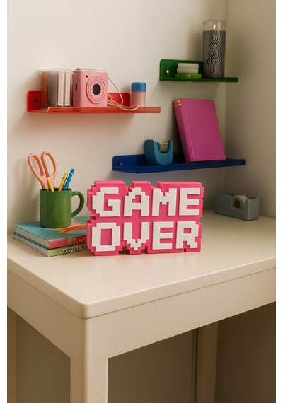 Retro Game Over Kabartmalı Dekoratif Obje - Pembe Masaüstü Ve Duvar Süsü Hediye