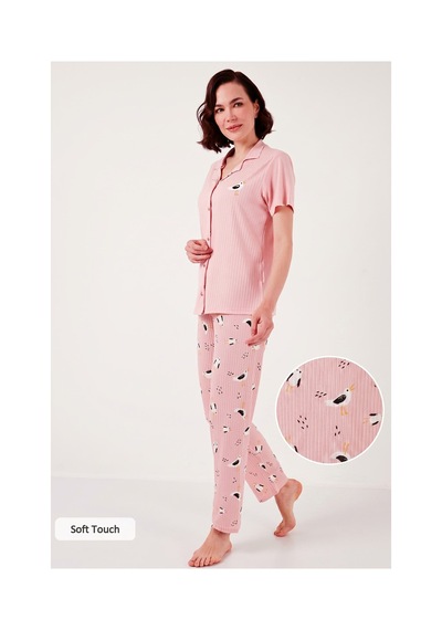 Lela Regular Fit Gömlek Yaka Kısa Kollu Bayan Pijama Takımı 65740102 Pembe
