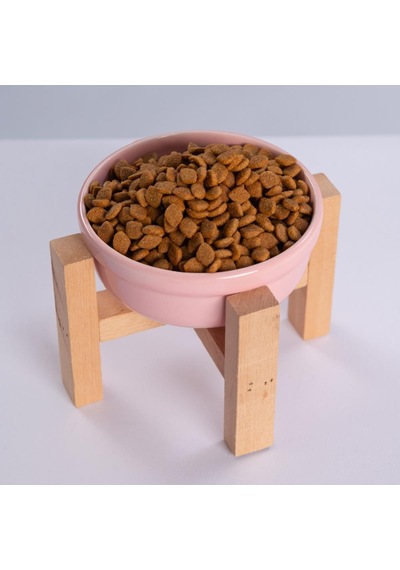 Pembe Ahşap Standlı Seramik Mama/ Su Kabı Kedi Köpek Mama Su Kabı