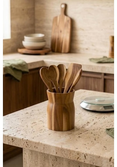 Akasya Ahşap Kaşıklık 13x9.5 Cm - Tezgah Üstü Spatula Kepçe Standı Ve Dekoratif Vazo