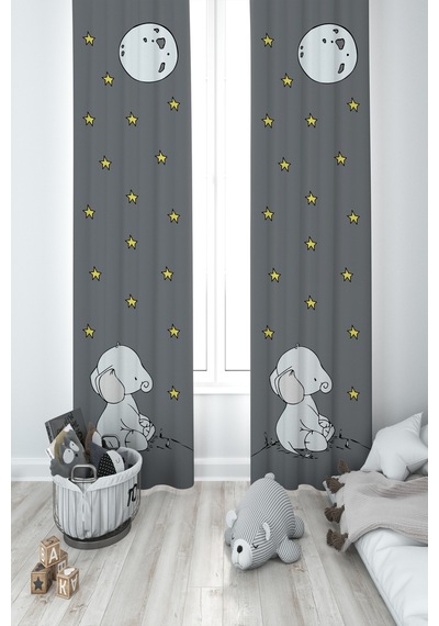 Mekta Home Bebek Ve Çocuk Odası Ay Ve Fil Desenli 2 Kanat Fon Perde