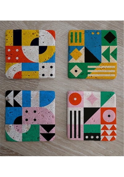 Geometrik Desenler Doğal Taş Bardak Altlığı 4'lü Set - Natural Stone Coasters - Taş Çok Renkli