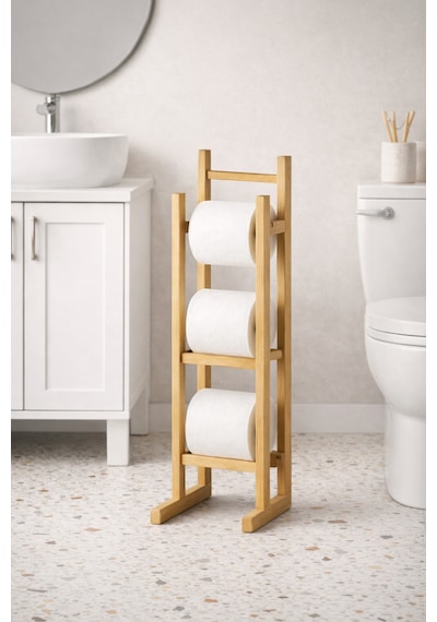 İndecor Houseware Bambu Ahşap Tuvalet Kağıtlığı Yedekli Ayaklı Ahşap Banyo Aksesuarı Wc Kağıtlık,peçetelik