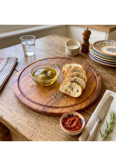 F&s Woodart Tek Parça Masif İroko Ağacı 25 Cm Yuvarlak Oluklu Pizza Sunum Kesme Sunum Tahtası Kahverengi