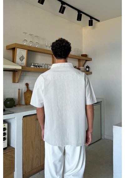 Flaw Keten Oversize Kısa Kol Gömlek Taş Rengi-25768 Taş