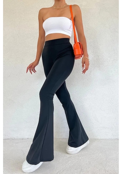 Unika Boutique Kadın Siyah Ispanyol Paça Dalgıç Kumaş Yüksek Bel Toparlayıcı Tayt Pantolon Siyah-vv2257